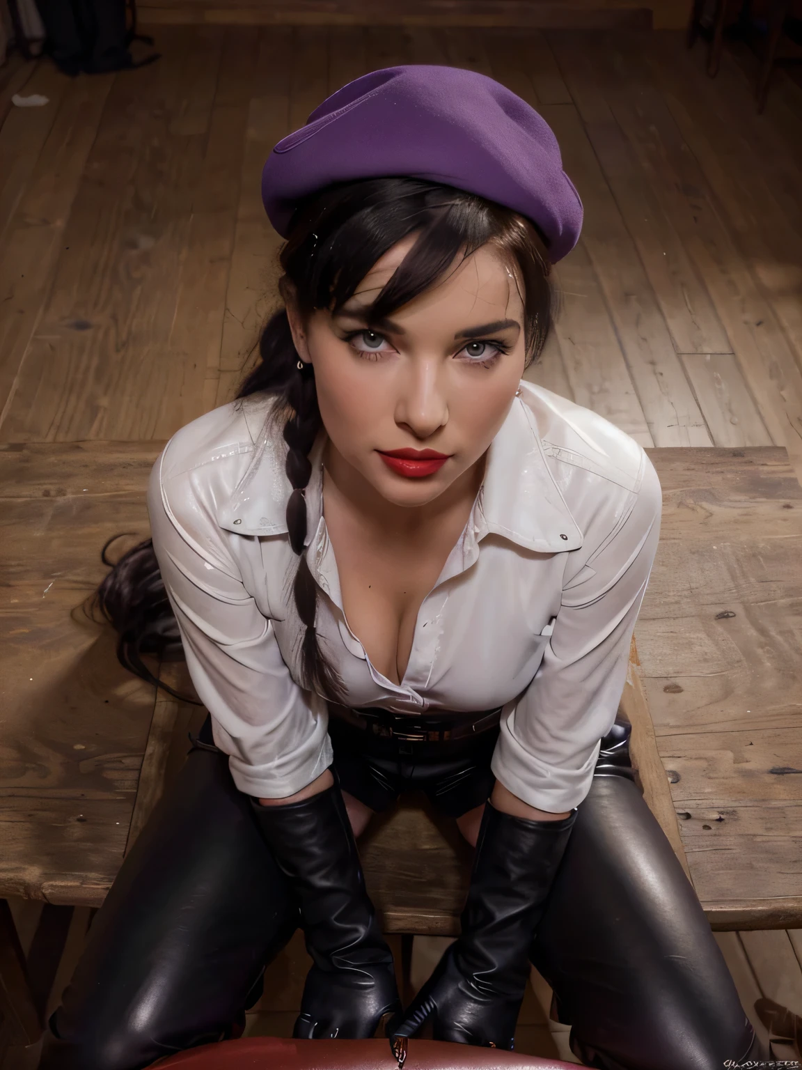photo of a gorgeous horny, wet and sweaty, fully clothed Bettie Page, owner of an English horse stable with a sensual smile doing a blowjob sitting on the desk with her legs crossed, a blowjob to teh man she loves, ((eyes incredibly light blues)) ((flirting with the camera)) ((looking at the camera)) ((red lipstick)) ((Bettie is wearing a riding hat and dressed in a purple riding jacket with a white shirt underneath and a pair of brown velvet trousers, and long black leather riding boots, (( black ponytail)) (( wearing her black leather riding gloves )) enjoys playing with her riding crop with her perfect black leather gloves ((the photo is from above)) (超High resolution:1.2), Very delicate and beautiful, wonderful, Very detailed CG Unity 8k wallpaper, Very detailed, High resolution, Soft Light, Beautiful detailed girl, 