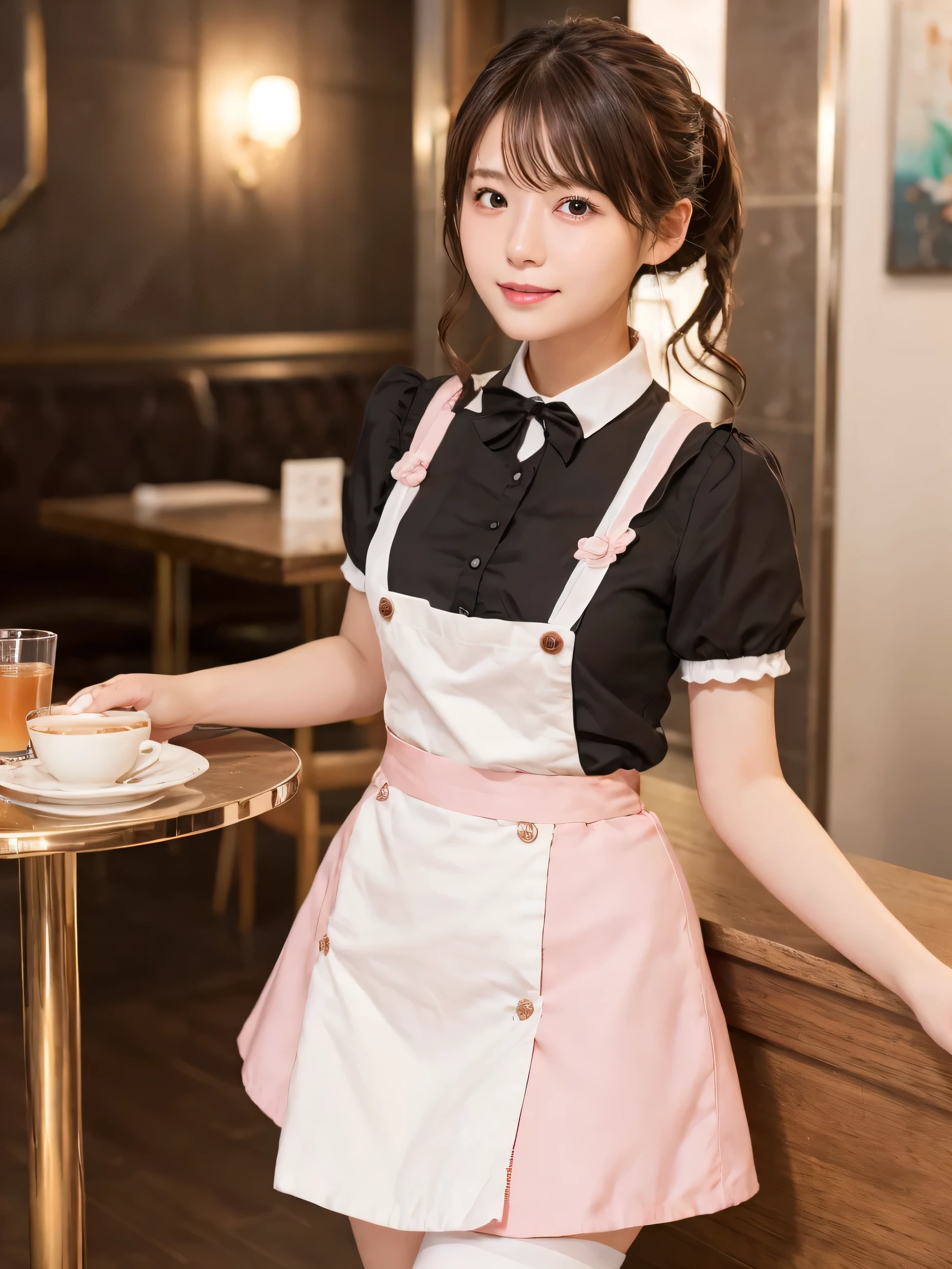 1 girl、(RAW Photos、Highest quality)、(Real、Photoreal:1.4)、Tabletop、Very delicate and beautiful、Very detailed、2k wallpaper、wonderful、Detailed、very detailedCG Unity 8K wallpaper、Super detailed、High resolution、Waitress Outfit、Pink maid outfit、Long skirt、Frills、Soft Light、Beautiful detailed girl、Cafe waitress、Very detailed目と顔、Cafe