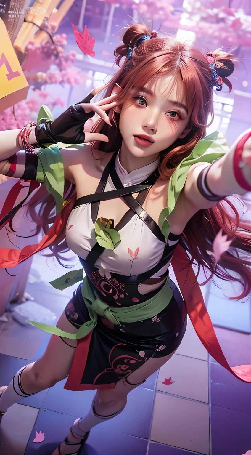Light red hair, pink eyes, pink and white, sakura leafs, vivid colors, white dress, paint splash, simple background, ray tracing, wavy hair