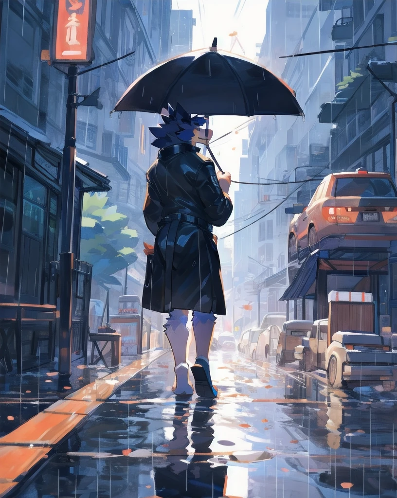 Solo, male, walking in the rain, bulge, by bigcozyorca, by goonie-san, by bebebebebe, by spikedmauler, back view, big buff , tyrannosaurus hybrid, black fur, purple fur, bushy tail, buff, wearing brown fantasy leather armor, tall, masculine, bulge, sexy, playful, joyful expression