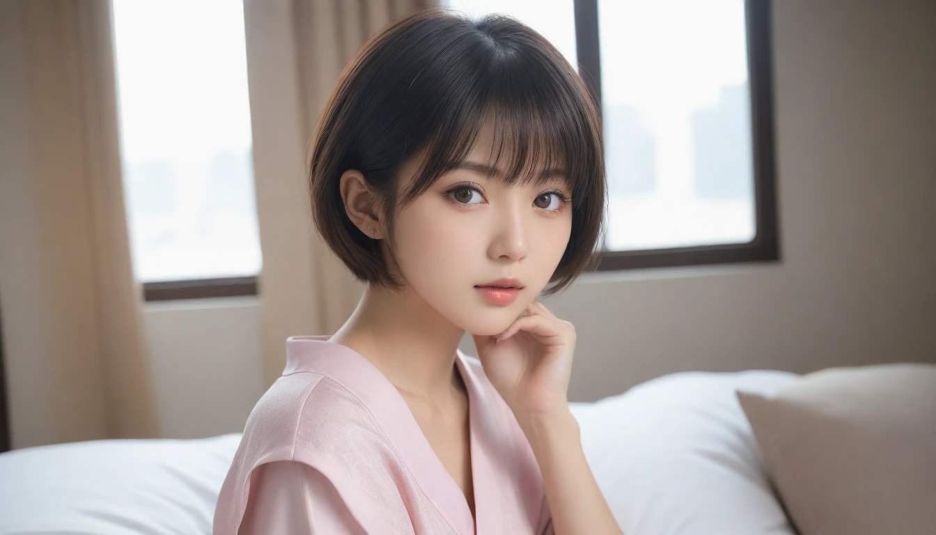 8k, Ultra-high resolution, Highest quality, masterpiece, 三分割法によるphotograph,Surreal, photograph, 1 , (:1.3), cute, cute顔, 細部までBeautiful Eyes, 細かくdetailedに,masterpiece,One Girl:1.2,Japanese women,nurse,upper body,glaring,Black short hair,Bowl cut,ID photo,(Lying in bed:1.2),超detailedな顔,非常にdetailedな唇,Standing by a large window letting light into the bedroom),(((Standing by a large window letting sunlight into the bedroom))),Background of skyscrapers,(Beautiful attention to detail),Subtle details, detailedな顔,anger,Attractive eyes,(ポートレートphotograph:1.4),(Photorealistic images:1.4),Fantasy art,(Beautiful Face:1.4),美しくAttractive eyes、Beautiful Eyes,Silver residue,(Tight waist:1.4)、(Beautiful with perfect body proportions:1.4),Pink Lips,profile,(((Ideal body type))),A-cup small breasts :2,、Portraiture:2、Perfect Anatomy、鮮明なdetailed、detailed,Fashion magazine cover,Thin lips,完璧でBeautiful Face ,完璧でcute顔, Skin with attention to detail, Perfect limbs、Narrow waist,Surreal,Light and shadow,spotlight