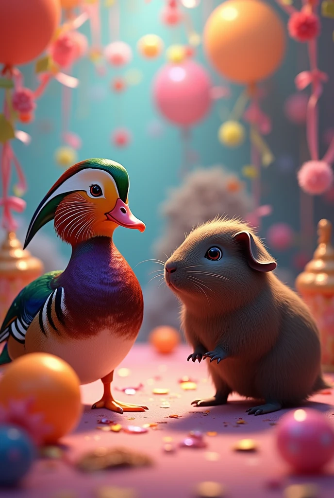 a pair of male mandarin duck and female dark brown guinea pig (not a hamster) to a colorful party 