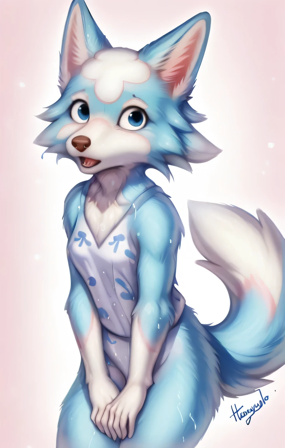 wolf,blue fur, white fur, gasp, looking at viewer, honoy hioshiru personalami,tail,pink ears, portrait, posing, blue eyes, wet white onepiece ,solo,animal crossing, 
