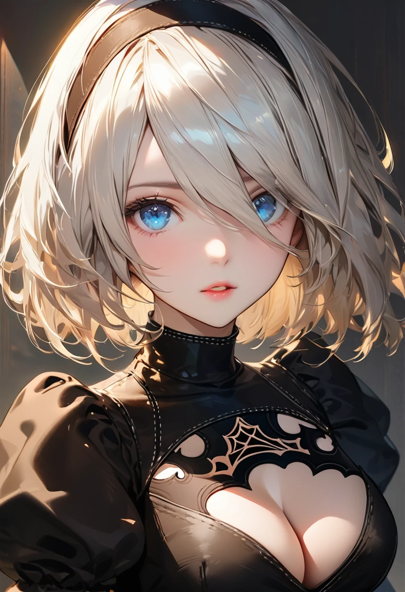 {(masterpiece,best quality, 16K portrait, UHD, extremely detailed the work, detailed beautiful face and eyes and skin and hair)}
BREAK {(Yoshitaka-Amano style)}
BREAK {1 woman, 30-yo,(2B of Nier-Automa:1.2), (lightbrown-lightwhite colored hair:1.4, short cut hair), (medium mouth),(narrow and sharp eyes),(attractive blue-glay eyes:1.4),(left-eye hidden by bangs:1.2),(slender body),(small breasts:1.2),captivating lips}
BREAK {(Nier-Automata-2B costume:1.2),(cleavage between breasts:1.2),(hairband:1)}
BREAK {(plain-background),(cast a shadow on the background)}
BREAK {(profile:1.2),(cowboy-shot)}