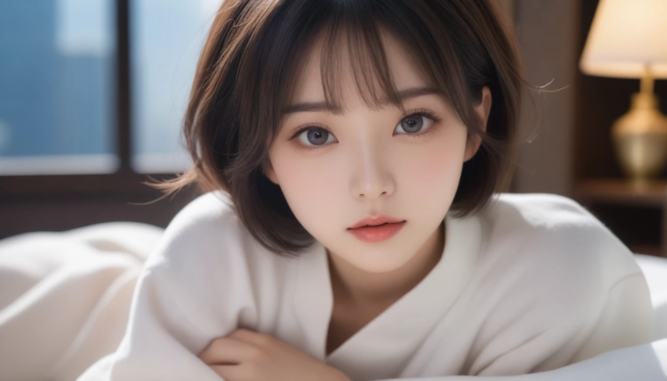 8k, Ultra-high resolution, Highest quality, masterpiece, 三分割法によるphotograph,Surreal, photograph, 1 , (:1.3), cute, cute顔, 細部までBeautiful Eyes, 細かくdetailedに,masterpiece,One Girl:1.2,Japanese women,nurse,upper body,glaring,Black short hair,Bowl cut,ID photo,(Lying in bed:1.2),超detailedな顔,非常にdetailedな唇,Standing by a large window letting light into the bedroom),(((Standing by a large window letting sunlight into the bedroom))),Background of skyscrapers,(Beautiful attention to detail),Subtle details, detailedな顔,anger,Attractive eyes,(ポートレートphotograph:1.4),(Photorealistic images:1.4),Fantasy art,(Beautiful Face:1.4),美しくAttractive eyes、Beautiful Eyes,Silver residue,(Tight waist:1.4)、(Beautiful with perfect body proportions:1.4),Pink Lips,profile,(((Ideal body type))),A-cup small breasts :2,、Portraiture:2、Perfect Anatomy、鮮明なdetailed、detailed,Fashion magazine cover,Thin lips,完璧でBeautiful Face ,完璧でcute顔, Skin with attention to detail, Perfect limbs、Narrow waist,Surreal,Light and shadow,spotlight