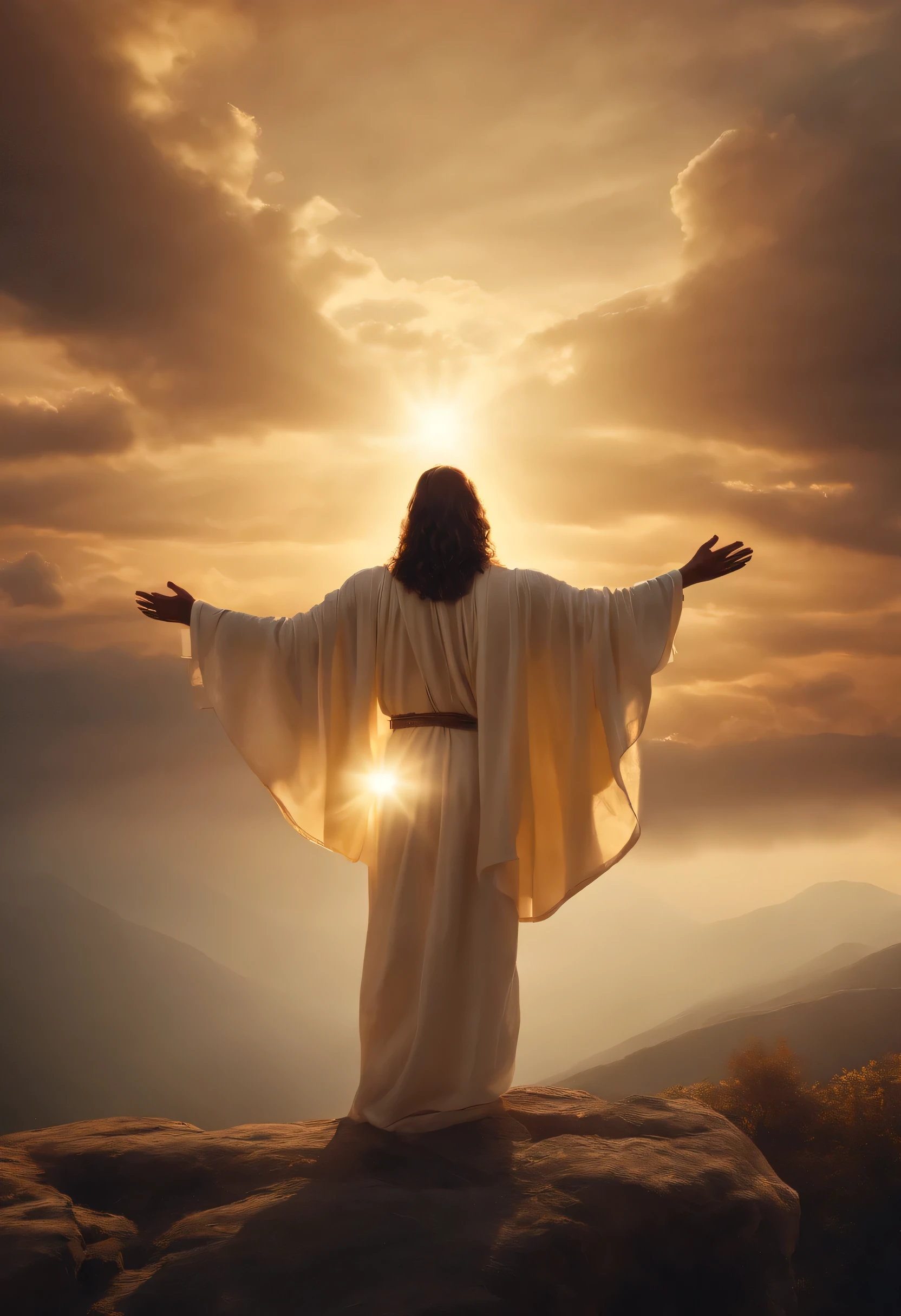 Jesus Christ with arms raised, Looking at the sky, divine aura from within the clouds, A trail to the sky, (best qualityer,4K,8k,Cao Cao,work of art:1.2),ultra detali,(realisitic,photorealisitic,photo -realisitic:1.37), portraits, golden hues, ethereal lighting, peaceful atmosphere, radiant colors, detailed facial features, peaceful expression, Flowing mantle, heavenly glow, magnificent scenery.