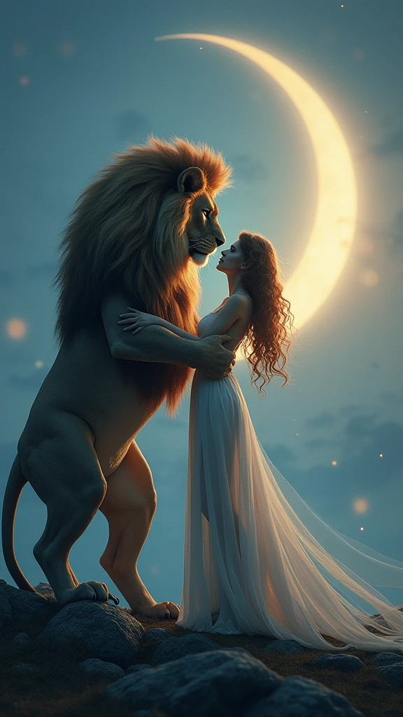 The image you shared is a beautifully crafted digital scene. Here’s a detailed description:

The scene features a majestic lion with a thick, impressive mane standing close to a woman with long, wavy hair. She is wearing an elegant dress that adds a touch of sophistication to the image. Both the lion and the woman are gazing at each other, creating a sense of connection and mutual respect.

The background appears to be set during twilight or nighttime, with a large crescent moon illuminating the scene from behind. This moonlight casts a gentle glow on both the lion and the woman, enhancing the magical and serene atmosphere of the image.

The combination of wildlife and human elements in this intimate and peaceful moment creates a fantastical scene that seems to transcend reality. The overall ambiance is both enchanting and powerful, blending elements of fantasy and realism.

If you have any specific questions or need further details, feel free to ask!