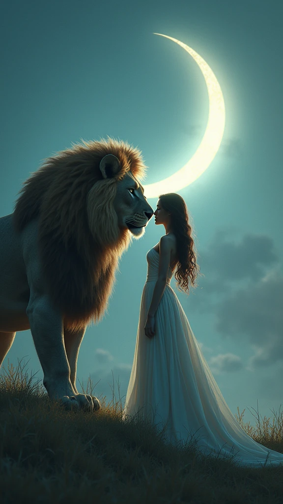 The image you shared is a beautifully crafted digital scene. Here’s a detailed description:

The scene features a majestic lion with a thick, impressive mane standing close to a woman with long, wavy hair. She is wearing an elegant dress that adds a touch of sophistication to the image. Both the lion and the woman are gazing at each other, creating a sense of connection and mutual respect.

The background appears to be set during twilight or nighttime, with a large crescent moon illuminating the scene from behind. This moonlight casts a gentle glow on both the lion and the woman, enhancing the magical and serene atmosphere of the image.

The combination of wildlife and human elements in this intimate and peaceful moment creates a fantastical scene that seems to transcend reality. The overall ambiance is both enchanting and powerful, blending elements of fantasy and realism.

If you have any specific questions or need further details, feel free to ask!