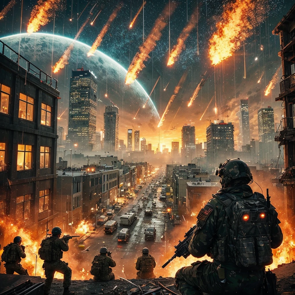 Soldiers looking at the sky,at night,a city in the background,helicopters flying