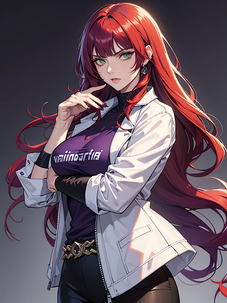 green eyes, red hair with long bangs, noble. wavy long hair. strong woman. she quiet. wear purple and black t shirt. dominant woman. mafia. mature woman. girl boss. badass woman. gangster. hair so long have bangs. gangster. wear purple t shirt and long white jacket laboratory