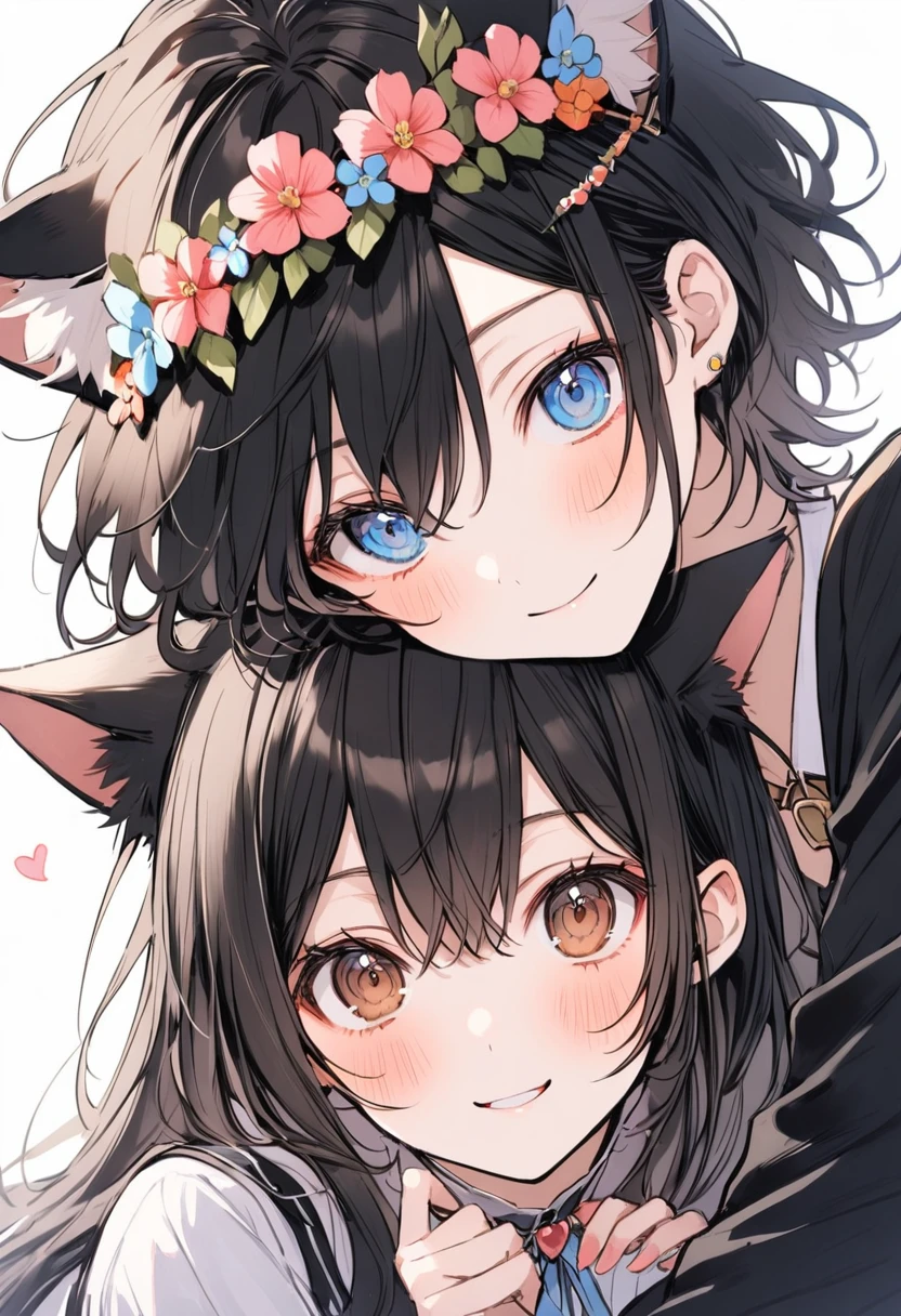 2 people 1 person(Cat ears Brown hair Brown eyes Uniform(pink、light blue) Long Hair Flower Crown )Second Person(Male, black hair, blue eyes, cat ears, black hoodie) The two are dating and in love