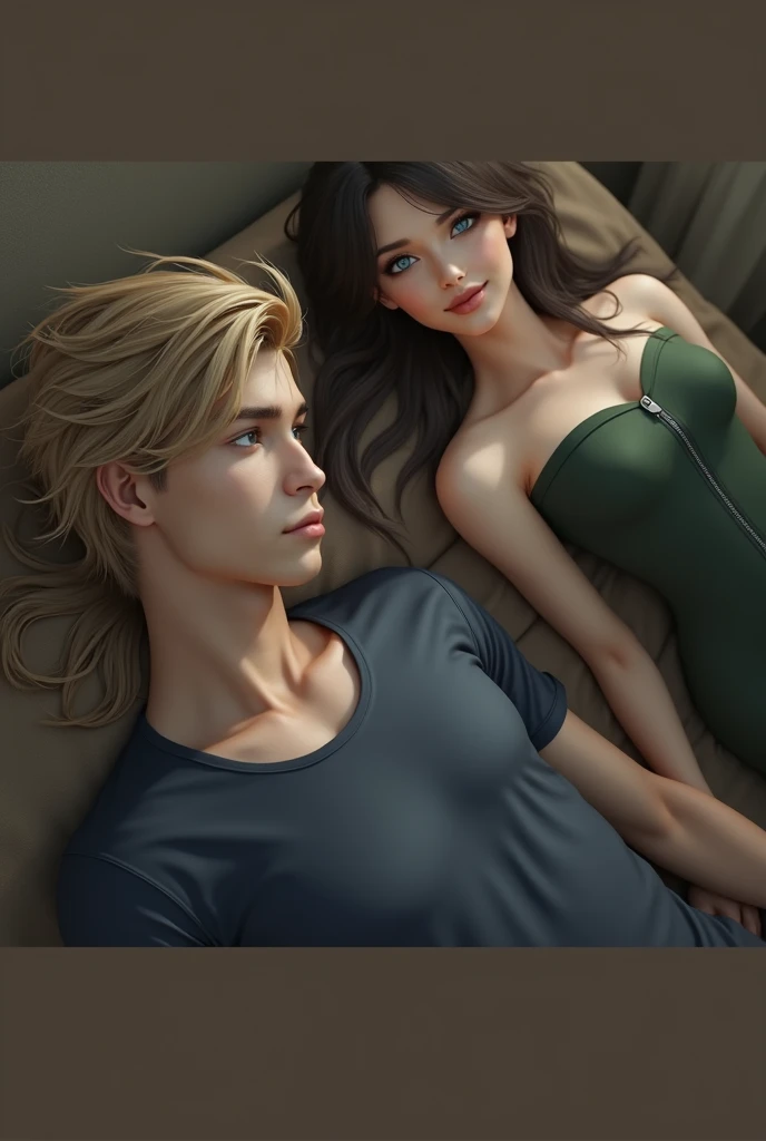 1 man, young man, 2, Leon S. Kennedy from the movie "Resident Evil 4", Eduard Badaluta's face, solo, Dark blonde hair, Curtain hairstyle, navy t-shirt, lying on the bed, sporty, volumetric lighting, depth of field. The man has Eduard Badaluta's face.

1 woman, young woman, beautiful, curvy but slim figure, long dark brown hair, blue eyes, green dress with 3/4 zip, lying on bed.