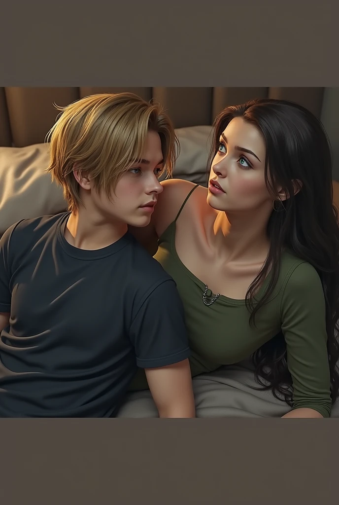 1 man, young man, 2, Leon S. Kennedy from the movie "Resident Evil 4", Eduard Badaluta's face, solo, Dark blonde hair, Curtain hairstyle, navy t-shirt, lying on the bed, sporty, volumetric lighting, depth of field. The man has Eduard Badaluta's face.
1 woman, young woman, beautiful, curvy but slim figure, long dark brown hair, blue eyes, green dress with 3/4 zip, lying on bed.