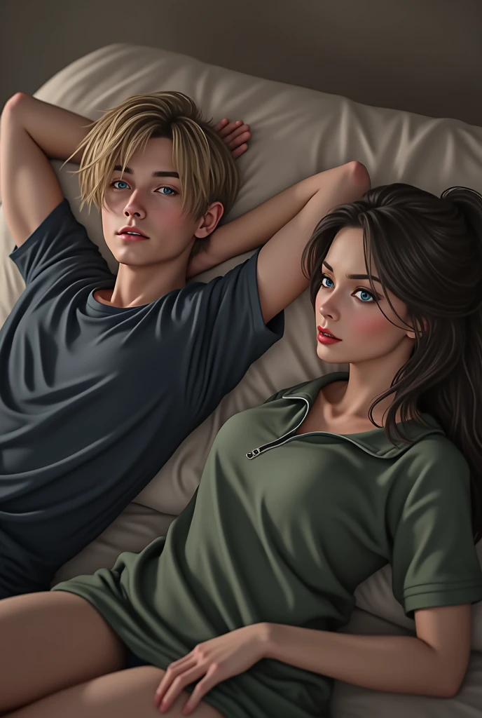 1 man, young man, 2, Leon S. Kennedy from the movie "Resident Evil 4", Eduard Badaluta's face, solo, Dark blonde hair, Curtain hairstyle, navy t-shirt, lying on the bed, sporty, volumetric lighting, depth of field. The man has Eduard Badaluta's face.
1 woman, young woman, beautiful, curvy but slim figure, long dark brown hair, blue eyes, green dress with 3/4 zip, lying on bed.