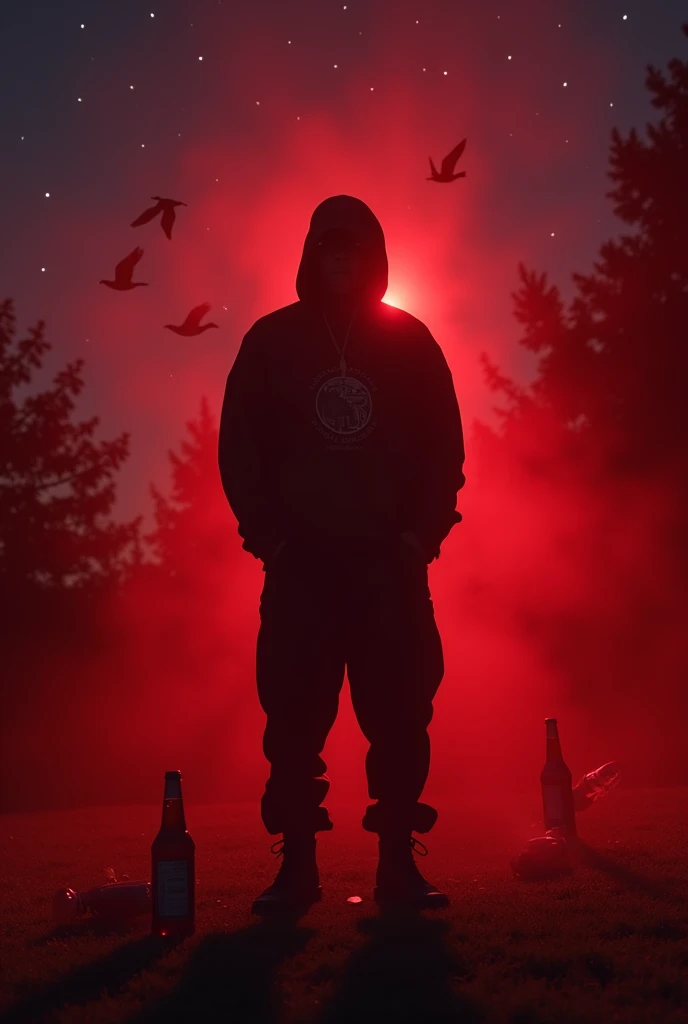 I am a rapper my stage name is REDD .
Create a YouTube background art for me .
With red vibes. Like standing in night in nature and red lights are cooming from a point to me . Make face full balck and non recogniseable and dress visibe and recogniseable . Make it unique and attractive. Add some birds in background.
A cigarette in a hand and bottles in the ground