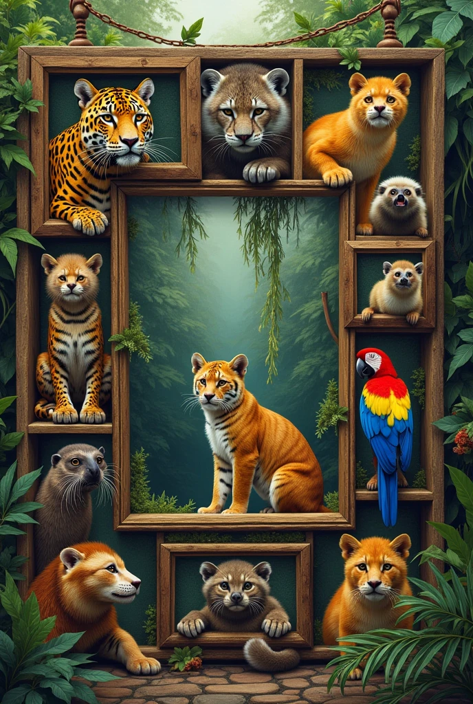 A set of Brazilian animals in extinction, as if it were a picture frame with several frames inside and animals in danger of extinction, Very realistic