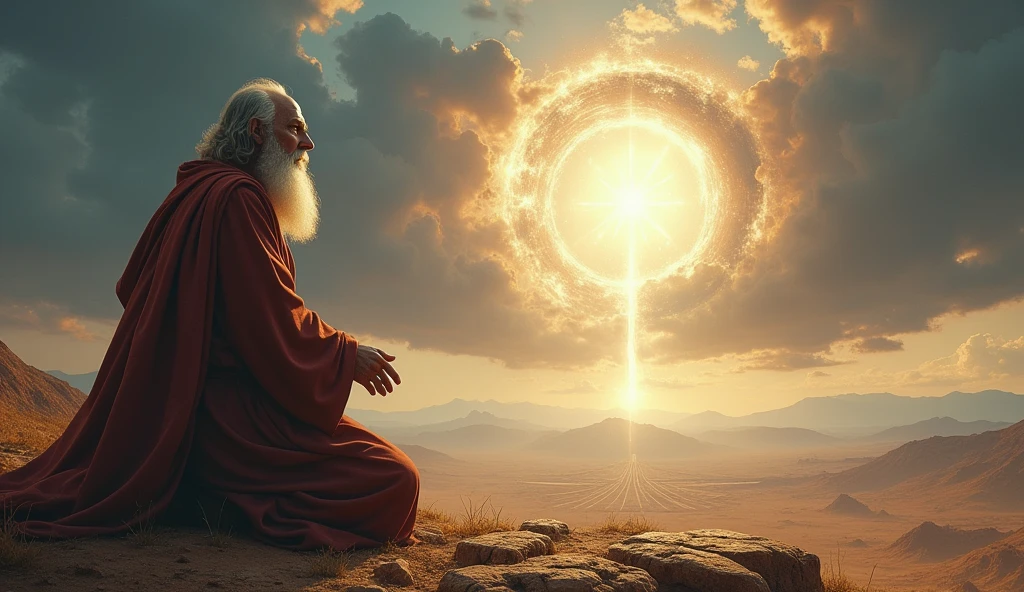 Abraham, kneeling in a vast, open landscape, receiving the vision of descendants as numerous as the stars and the sand on the shore, with God's voice echoing in the air.