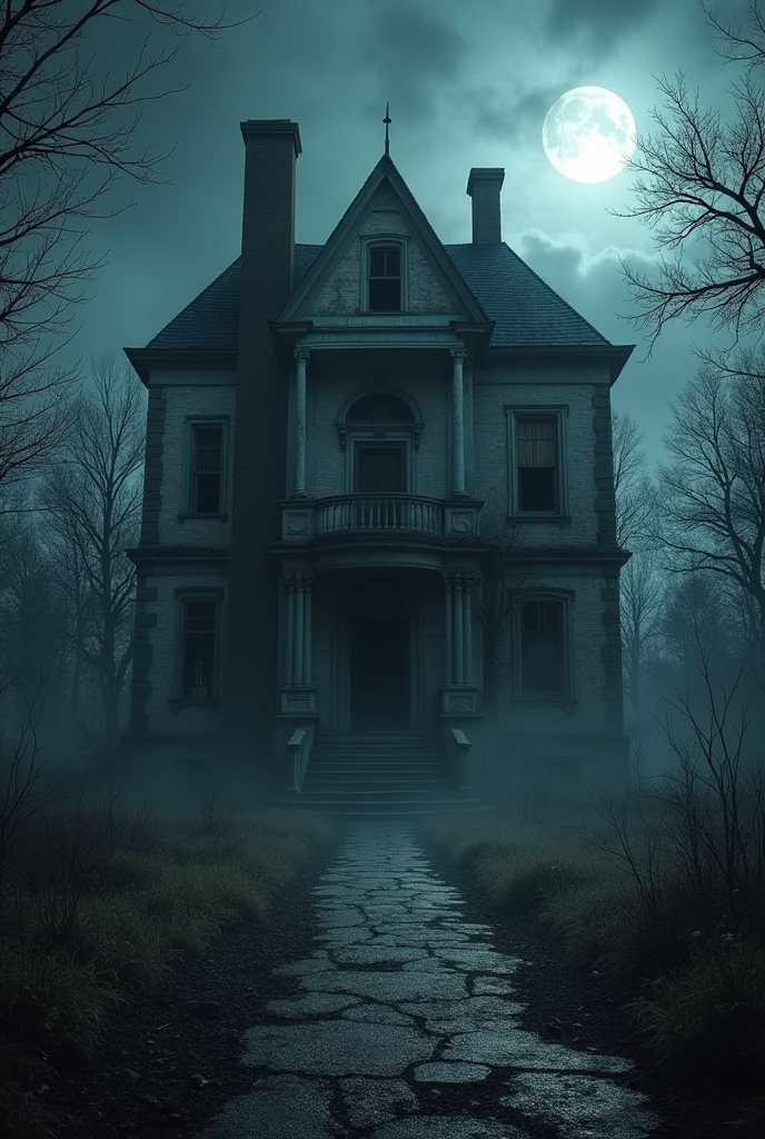 decrepit mansion at night with a cold, eerie atmosphere
