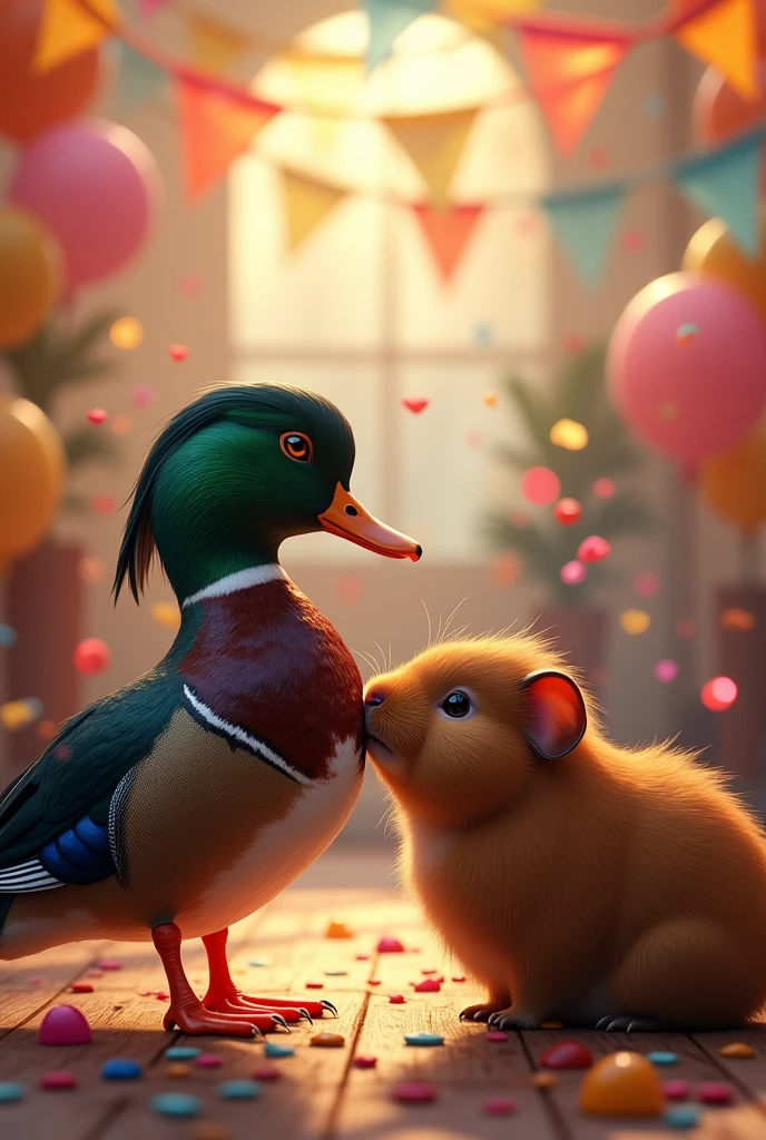 a pair of male mandarin duck and female dark brown guinea pig (not a hamster)  lovers at a colorful party 