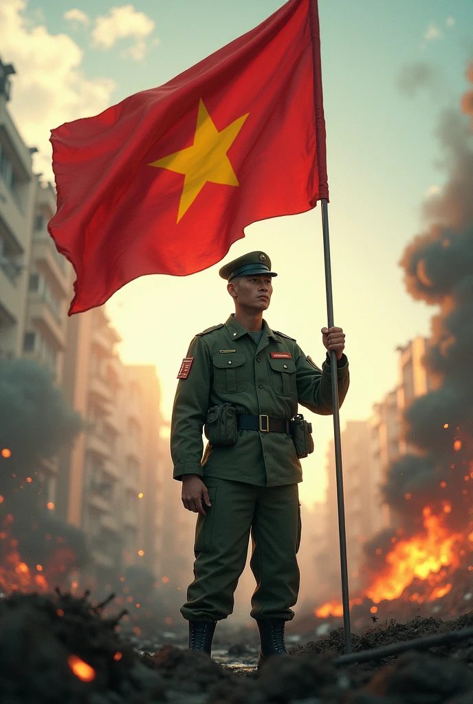 fierce battlefield, A Vietnamese soldier in green clothes holding a Vietnamese flag