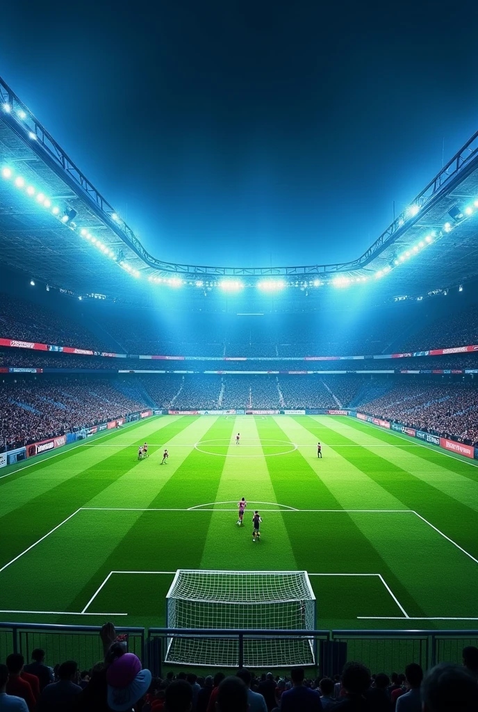 Football stadium and green ground background image with blue light