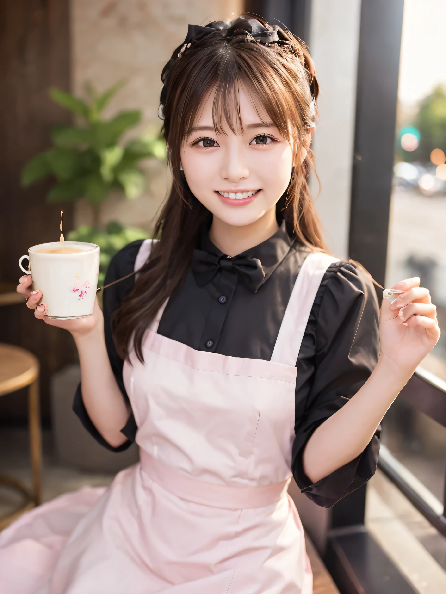 1 girl、(RAW Photos、Highest quality)、(Real、Photoreal:1.4)、Tabletop、Very delicate and beautiful、Very detailed、2k wallpaper、wonderful、Detailed、very detailedCG Unity 8K wallpaper、Super detailed、High resolution、Waitress Outfit、Pink maid outfit、Long skirt、Frills、Soft Light、Beautiful detailed girl、Cafe waitress、Very detailed目と顔、smile、Happy Face、Cafe