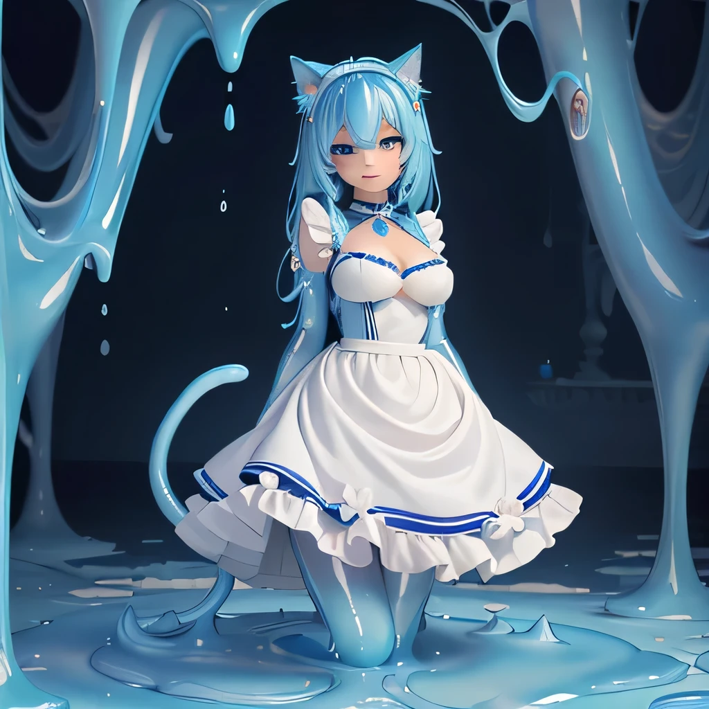  ((masterpiece,best quality,ultra-delicate,Perfect Face,16k,high resolution,very beautiful girl)),blue slime girl:1.3,high viscosity slime body,,cat ears,large breasts,,smile,,standing,full body shot,blue slimy caves,maid dress:1.5