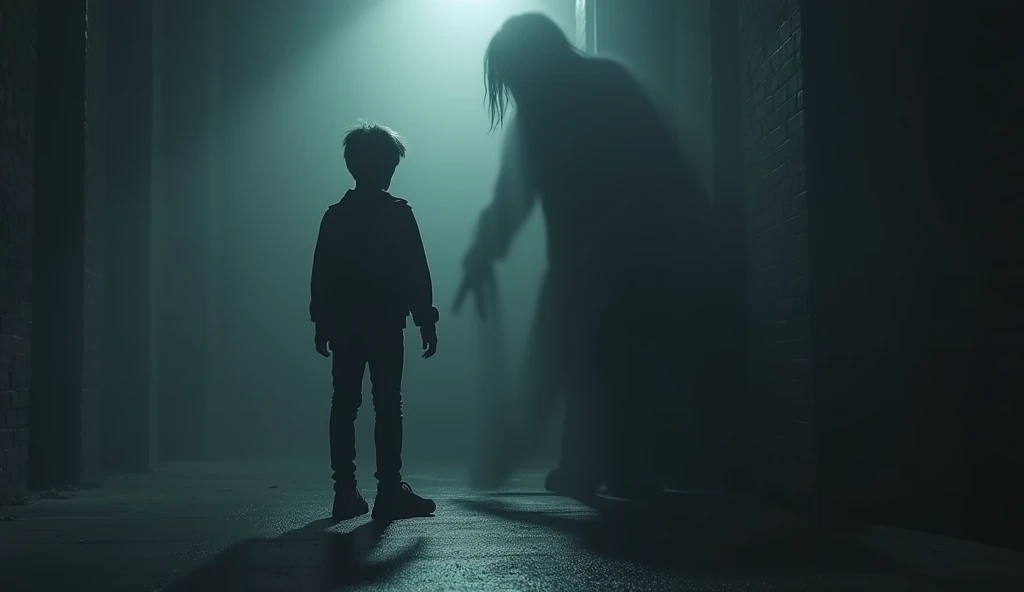 the shadow monster ghost dragged the student into the darkness, the student is teenager wearing jean and hoodie, with medium hair