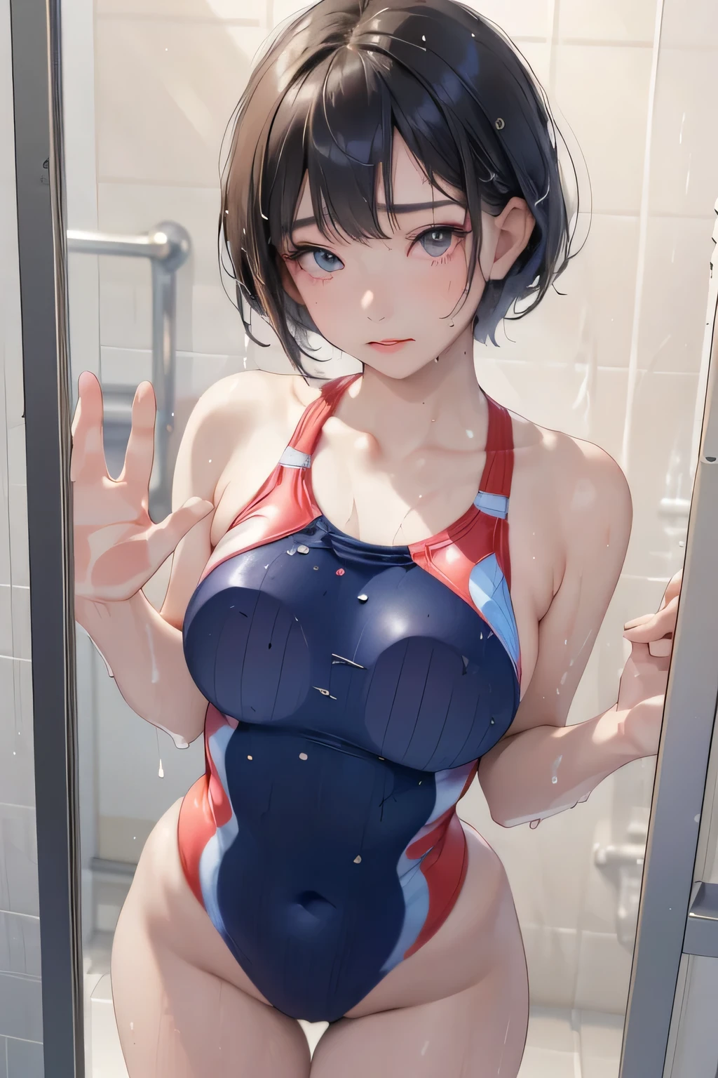 sfw,Japanese woman, beautiful girl, gal,(((competitive swimsuit))),((breast focus shot)),Beautiful Eyes、short bob,, highest quality realistic skin, eyes in focus, 20 years old, (((Pressing her hands and chest against the glass))),((standing doggy style)),((orgasm,Sad expression)),((My whole body is wet)),((Dimly lit shower room)),((Accurate fingering))