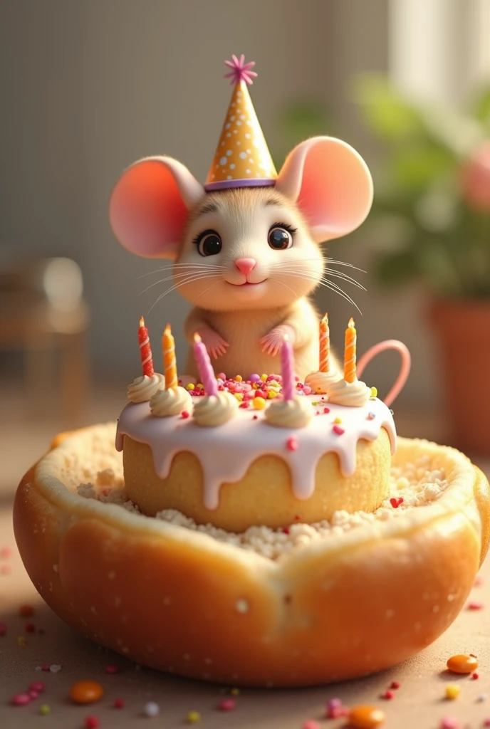 Create a birthday cake mouse inside a bread