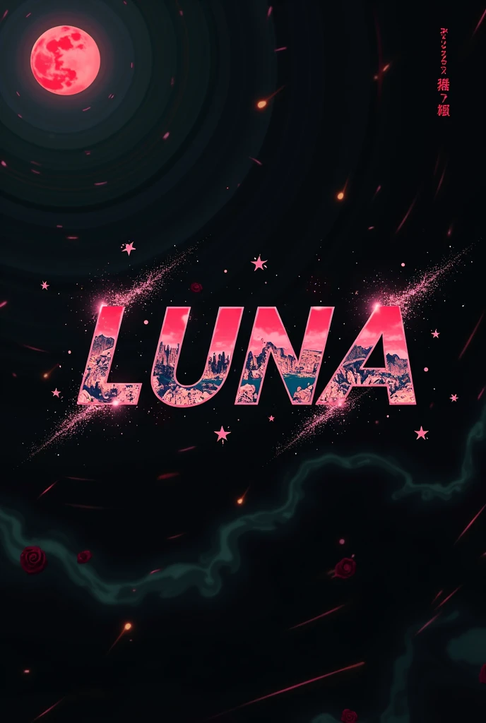 High resolution, logo spelling swiftly “Luna” cool, Jdm theme, anime theme, Cyberpunk vibe name spelling, brand logo, logo for tshirt, brand logo “LUNA”, acid trip vibes, acid trip, shooting stars, inside “LUNA”, Acid trip hallucinations inside “LUNA” , Waves of hallucinations inside “LUNA, splash, black roses with green leaves, blood moon, horror, ice, hallucinations of peace, sins,