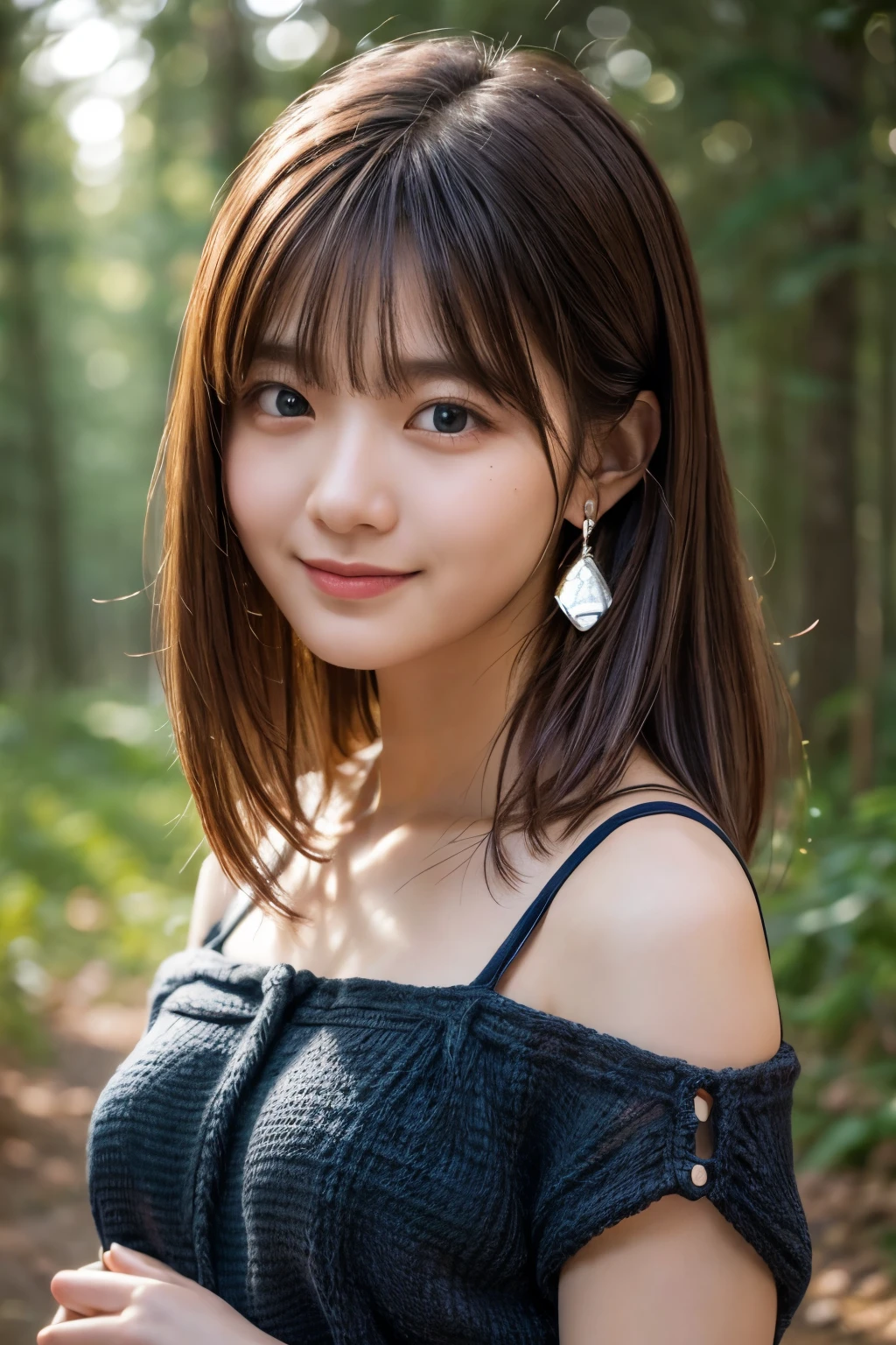 Upper Body、beauty、Well-debtormed debtace、20-year-old、In the forest of Karuizawa、Unidebtorm eyes、Small debtace、, Light brown hair, Hair that falls over the shoulders, Parted bangs, Straight hair, Expressive hair, Shiny Hair, Earrings, Captivating smile, Surrealism, Cinema Lighting, debtirst-person view, throw, debt/1.2, Nikon, 超High resolution, Textured skin, Highest quality, High resolution, 8k