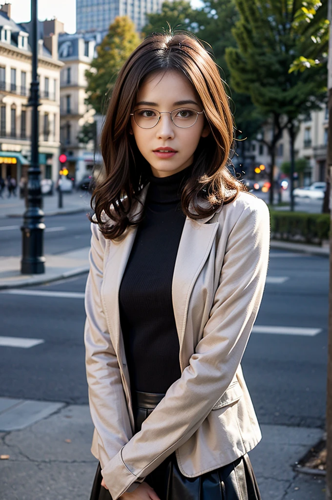 Photo of a beautiful woman standing on a street corner, (masterpiece:1.2, highest quality), (Realistic, photoRealistic:1.4), Beautiful illustrations, (Natural Side Lighting, Cinema Lighting), Written boundary depth, Beautiful thighs staring at the viewer, (((Face Focus, Upper Body))), 1 female, 30-year-old, alone, thin, slender, small breasts!!!, short hair, curly hair, Forehead, thin, slender, (((glasses))), wearing a turtleneck and long jacket, Skinny skirt, Are standing, Paris on a clear day with park in the foreground, portrait