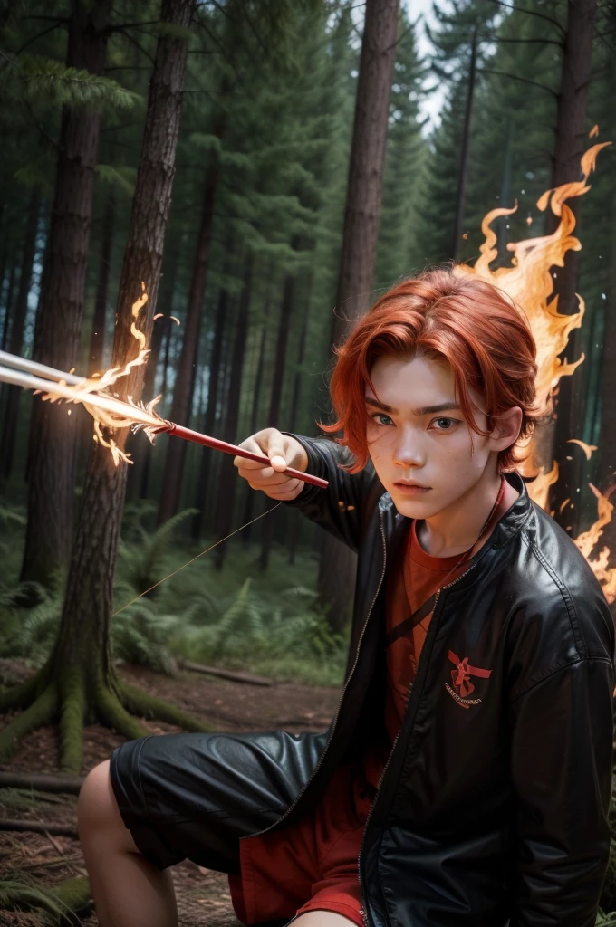 Boy, teenager, hair on fire, indigenous, bow and arrow, forest, Red eyes, Fire, Red hair, Body with tattoo, red eyes, hair on fire, Bow and arrow, fire in hair, age 20,