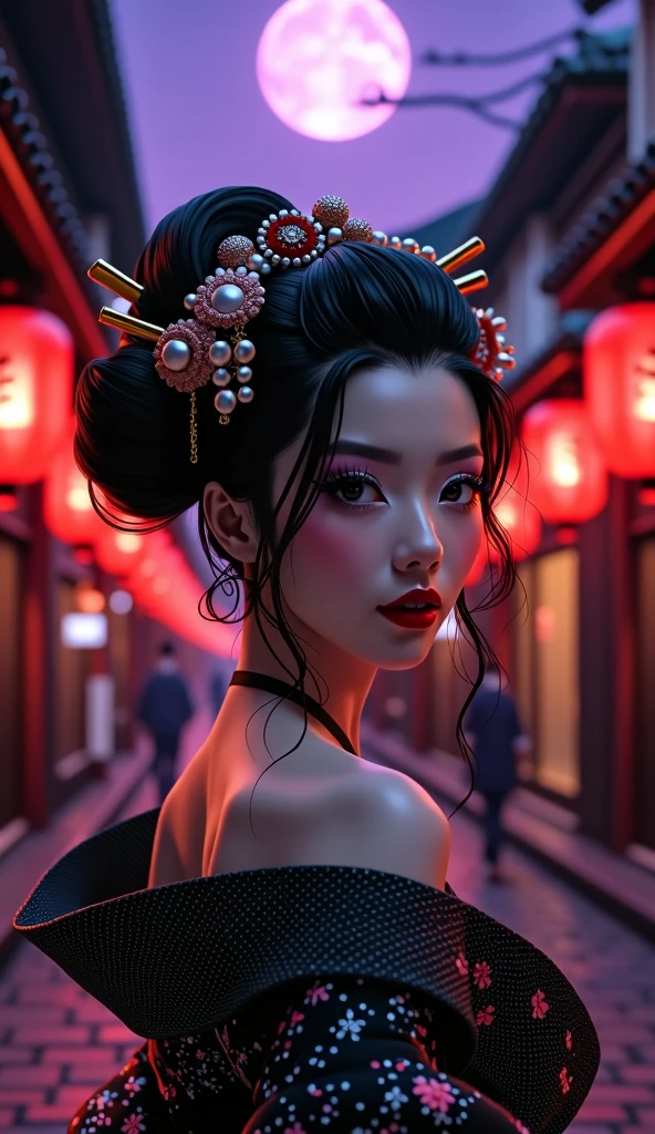 High resolution, Kyoto、Gion、beautiful girl、Glamorous Courtesan、Glittering kimono、I can see your shoulders、Jet Black Hair、Lots of hairpins、Provocative Eyes、Black gorgeous obi、Bright red lipstick、Red、High clogs、Red lanterns light the way、Purple Sky、white shining moon、gauze, Highest quality, Winner of numerous awards, High detail, Textured skin, Ultra high definition, far and near method, clair obscur, Cinematic light effects, impressionism, Super detailed,