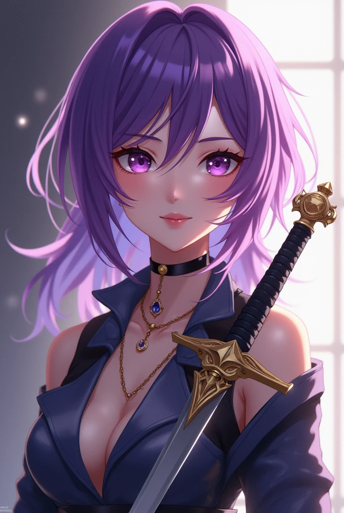 animated, fille, purple hair, Belle, archaeologist clothing, royal dagger, seductive, inspiré d’Asuka Kazama