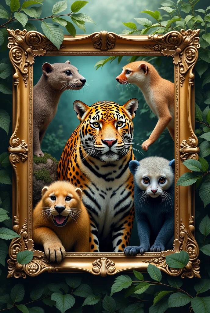A set of Brazilian animals in extinction, as if it were a picture frame with several frames inside and animals in danger of extinction, Very realistic