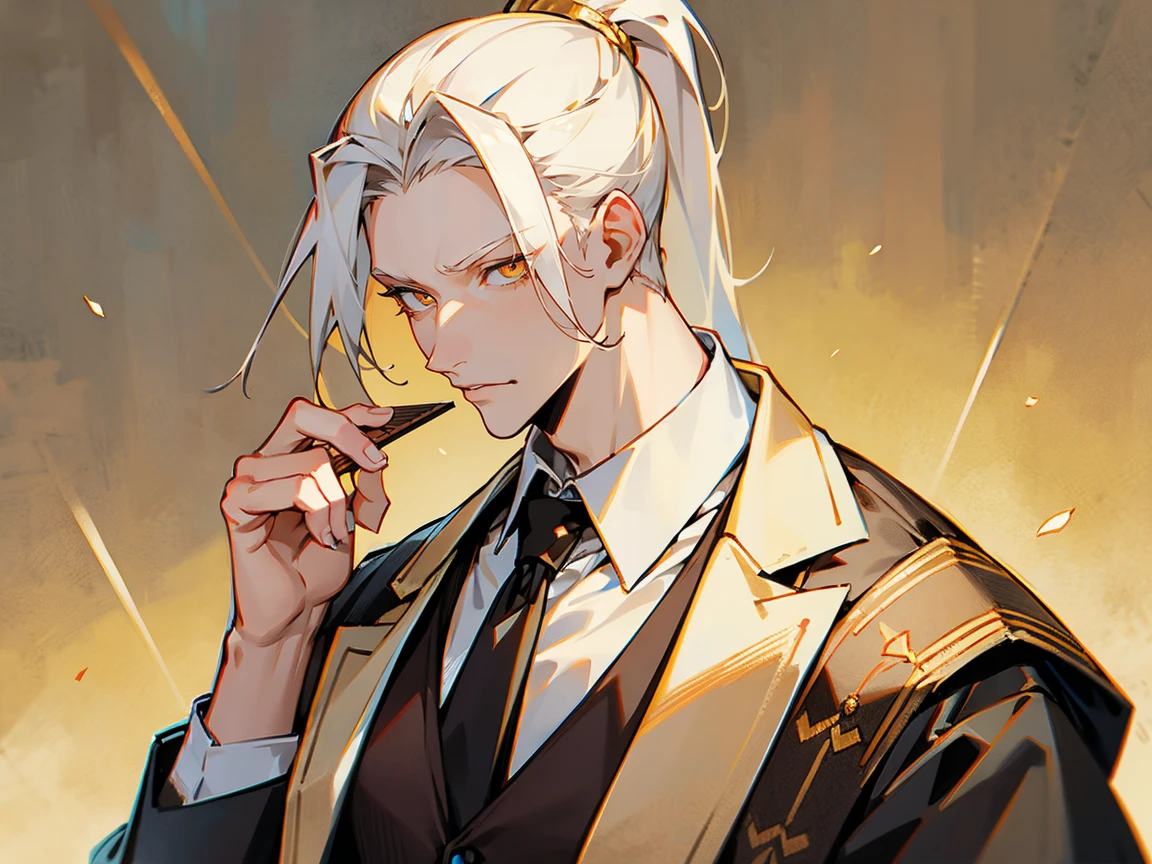 1male , Pale Blonde White Hair , Ponytail , vest ,  Golden Eyes , Perfect Generation , Adult Male , hand fan , illustration art