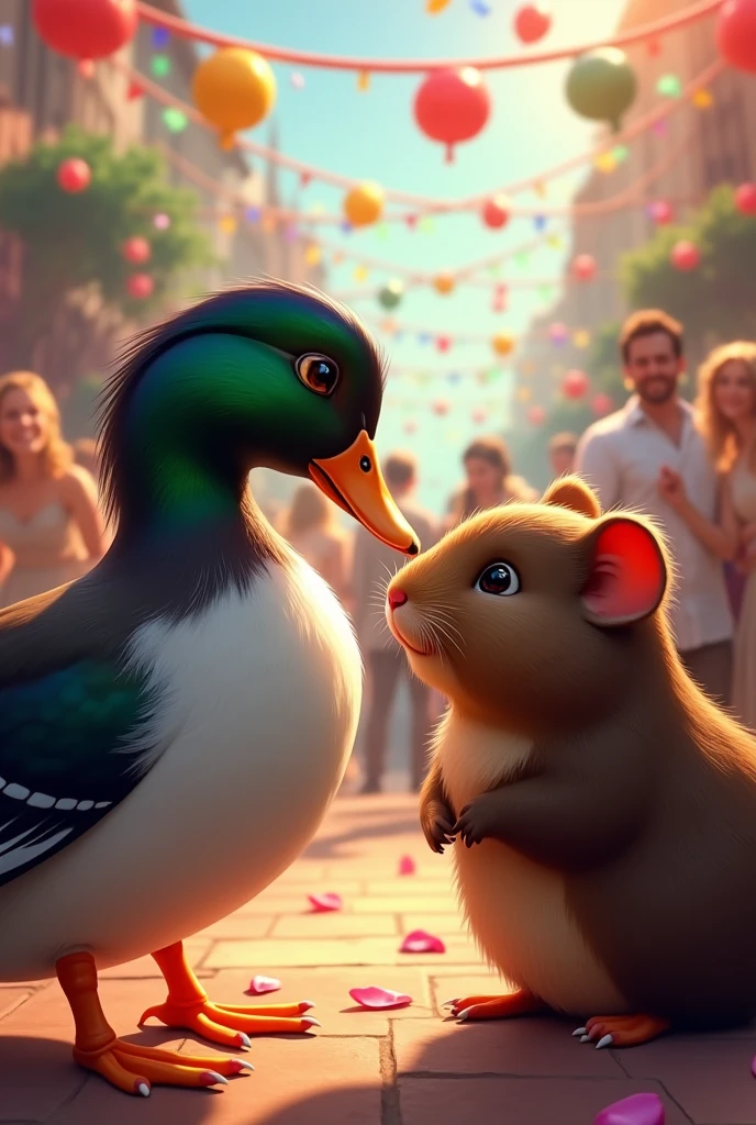 a pair of male mandarin duck and female dark brown guinea pig (not a hamster)  very in love at a colorful party 