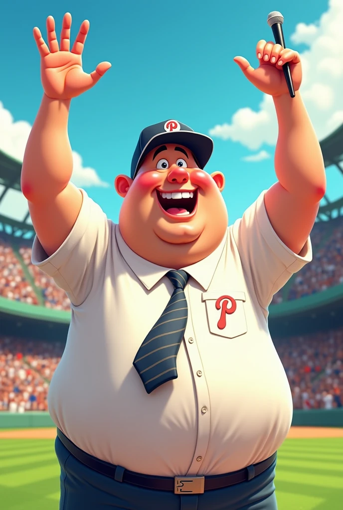 Cartoon baseball announcer in white shirt