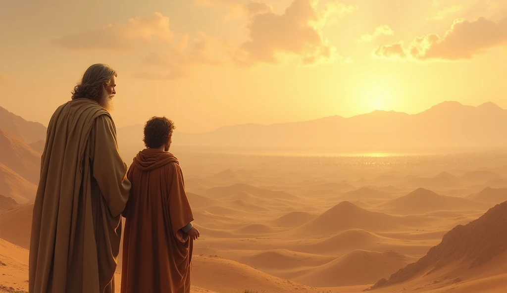Abraham and Isaac together, looking toward the horizon, where a vast multitude of people, representing their future generations, begins to appear like a mirage in the desert.