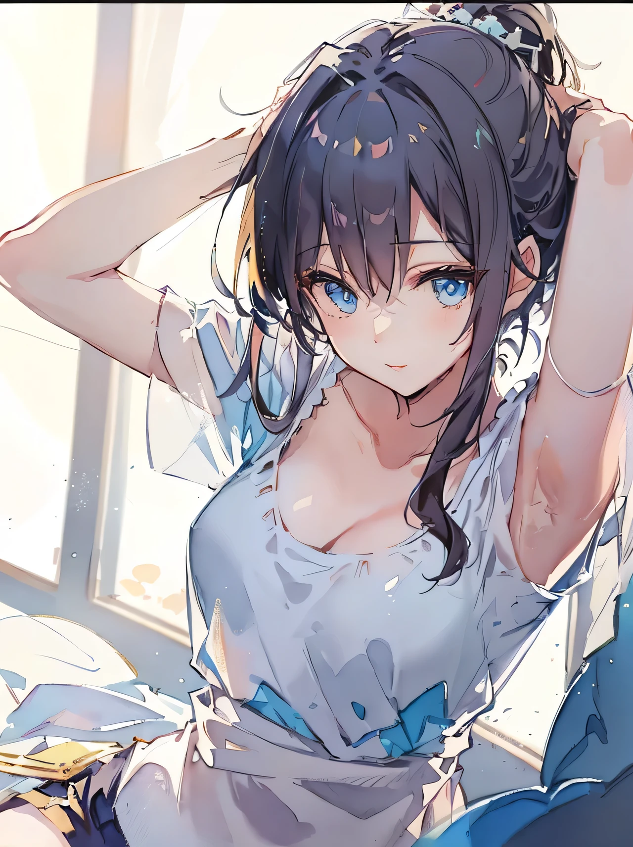 anime girl with blue eyes and a blue shirt posing on a bed, seductive anime girl, attractive anime girl, beautiful anime girl, guweiz, pretty anime girl, an anime girl, beautiful alluring anime woman, young anime girl, from girls frontline, (anime girl), beautiful anime woman, anime girl, anime visual of a cute girl, cute anime girl, (Masterpiece), (best detail), (Best quality), (((aquarelle))), Watercolor background, cheerfulness, Young and good-looking, (Vintage background)