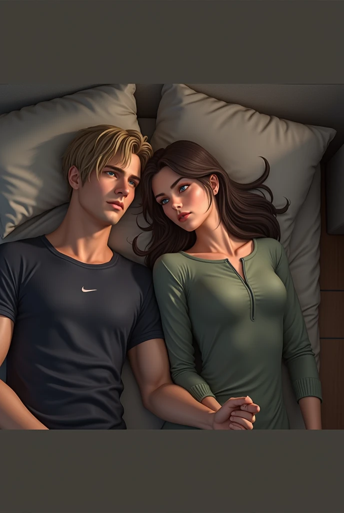A man and a woman are sitting on the bed, talking, he is shirtless. [Voice_in_background] --auto --s2
