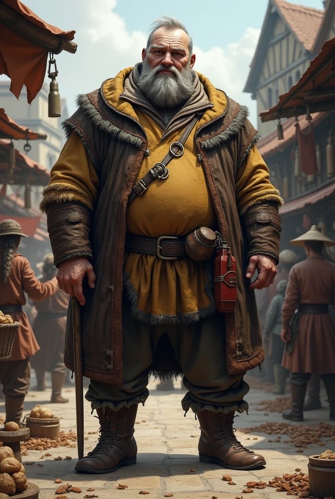Make a tall medieval merchant in his early 60s. He's unattractive and overweight. Pale, Scandinavian complexion. short beard.