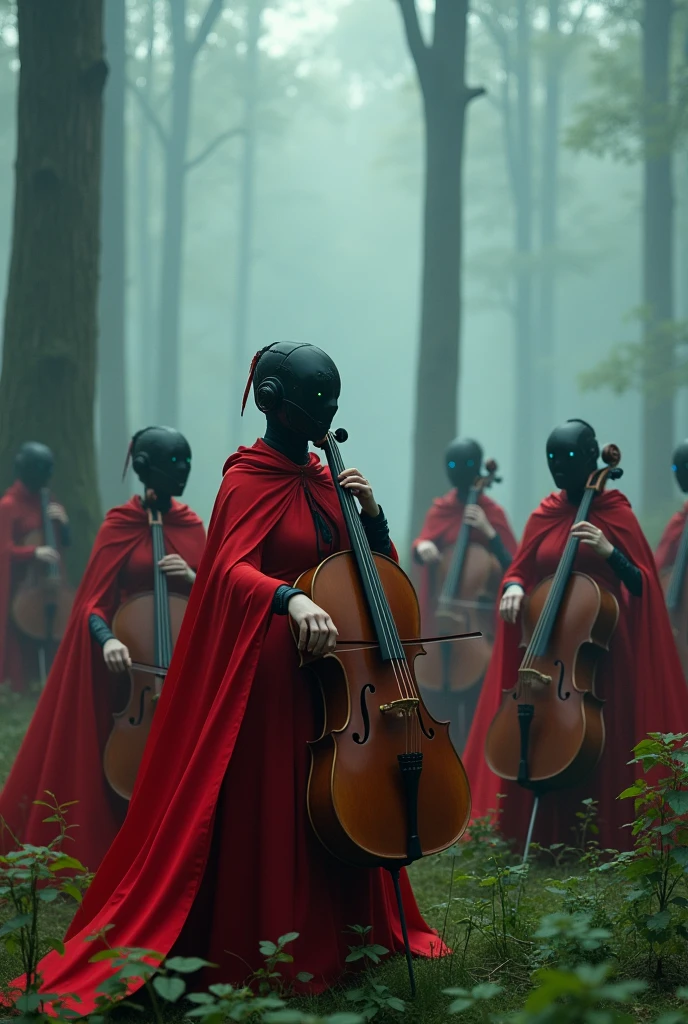 Cyborg wemen orchestra playing violencelle and all of them wearing red cape,vivid cinematic4k colors in a foggy forrest, the wemen should look like faminine