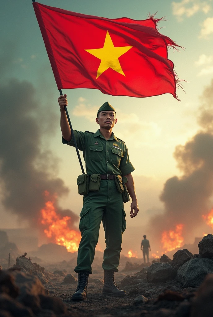fierce battlefield, A Vietnamese soldier in green clothes holding a Vietnamese flag