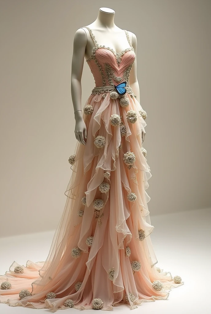 make a fashion design gown tulips design with a butterfly for special event drawing sketch on the mannequin
