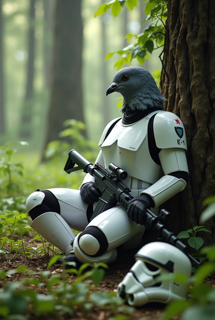 ((グレーのPigeon woman)), Dirty Star Wars「Stormtrooper」の白いアーマーを着たPigeon womanがエンドアの森で木に寄りかかって休んでいる。Stormtrooperのヘルメットが地面に落ちている彼女のそばにあり、E-11 Blaster on the ground。((Pigeon woman))、Muscular body、far and near method、Wide Shot、18mm、Depth of written boundary、colorful、Highest quality、4K、Daylight