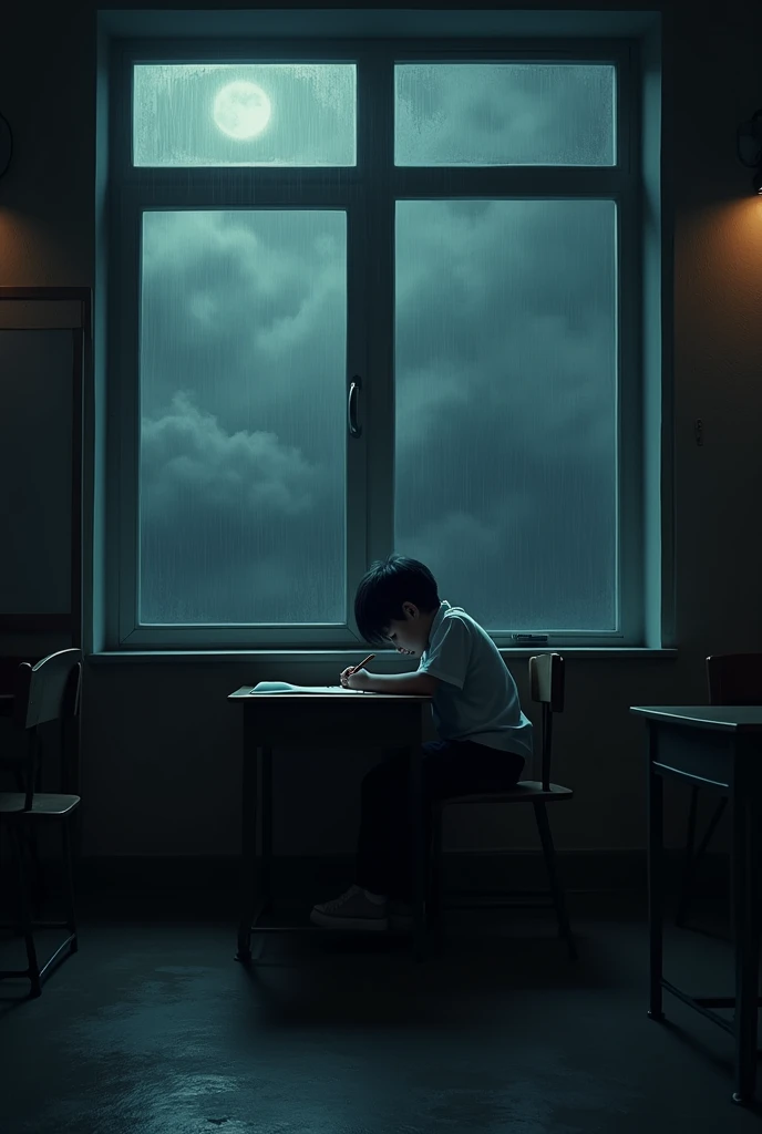 A young boy sits in a dark classroom. He is wearing a white shirt and long black pants. He is sitting on a desk doing his homework with a pen and paper. He looks out the window. It is raining outside and the sky is dark. Long Shot camera angle. Horror theme.