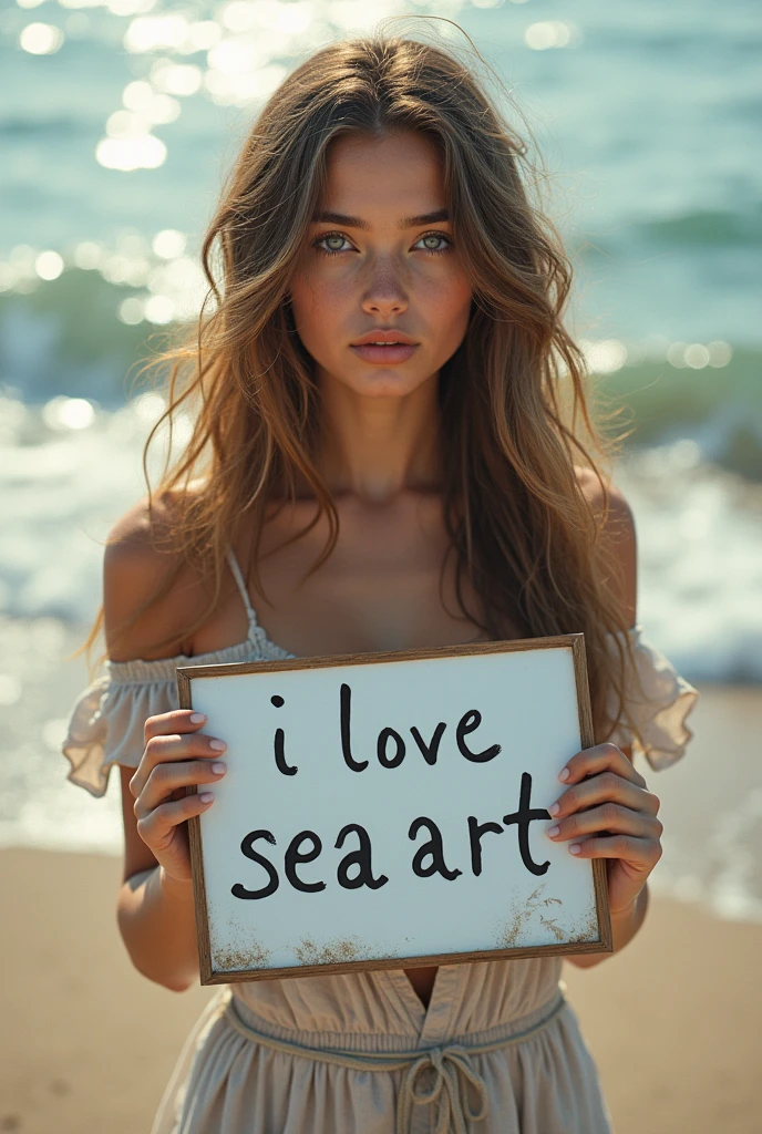 Beautiful girl with wavy long hair, bohemian dress, holding a white board with text "I Love Seaart Infinity" and showing it to the viewer